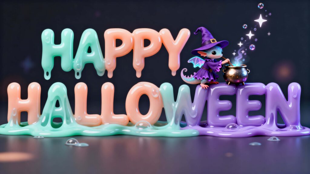 Axolotl-witch Halloween slime lettering scene - Пример 1