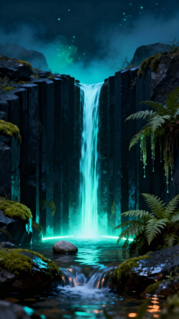 Bioluminescent Waterfall Vertical Night Frame - Пример 1