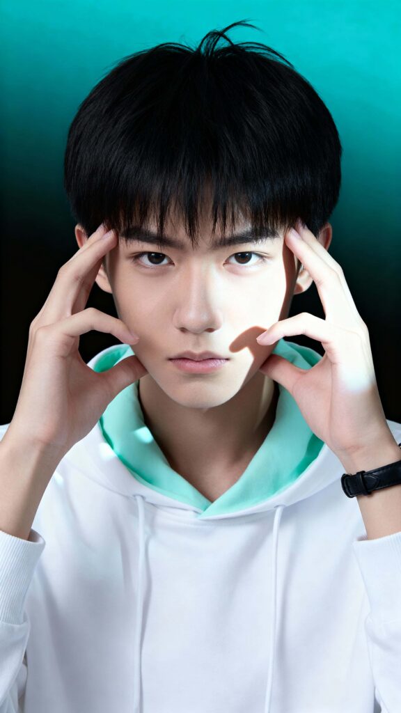 Chinese-student portrait, hands framing face, mint-lined hoodie - Пример 1