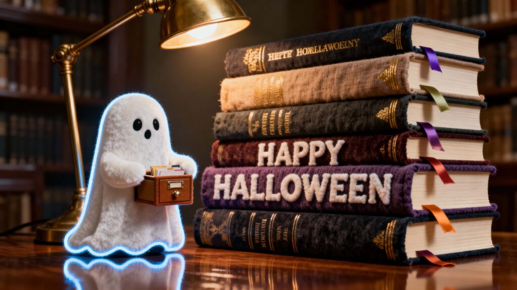 Cloth-spine ‘Happy Halloween’ sculpture with ghost librarian - Пример 1