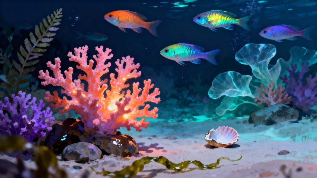 Coral Reef at Night Glowing Scene - Пример 1