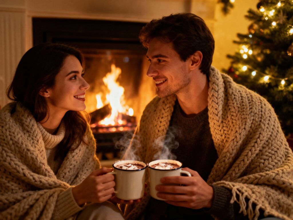 Couple by fireplace wrapped in blanket - Пример 1