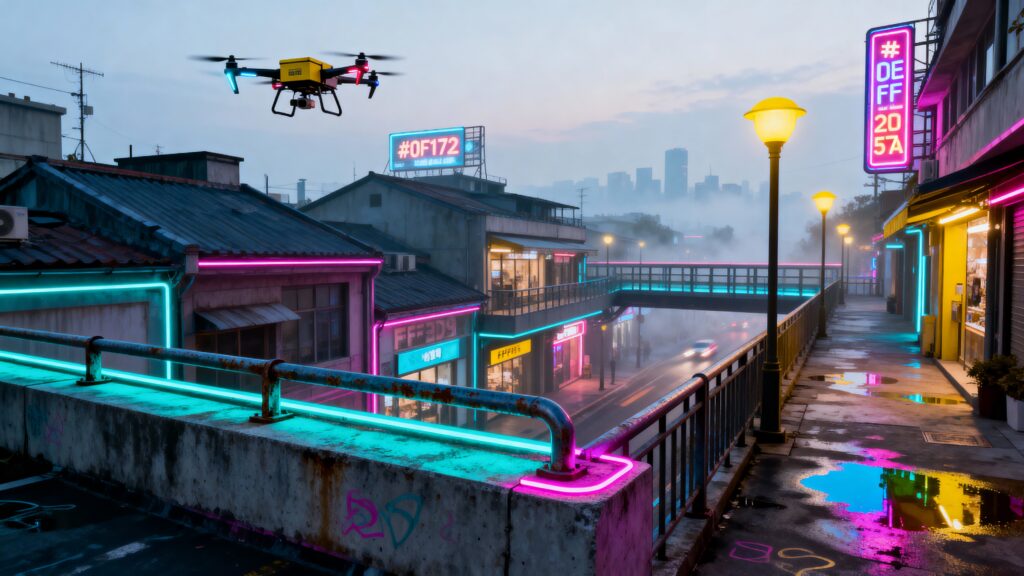 Cyber streets drone nightscape - Пример 1