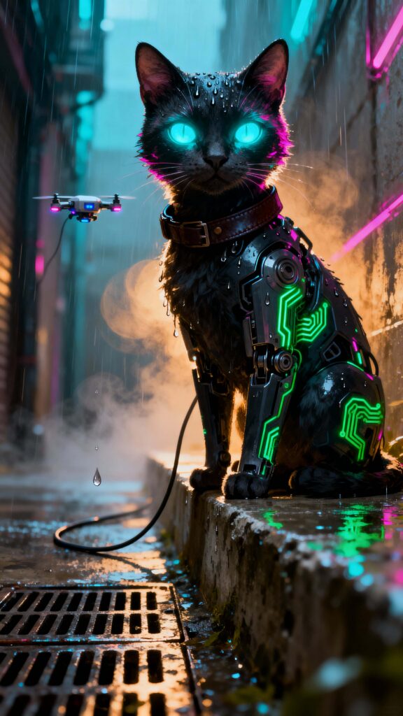 Cyberpunk cat glowing-eyed vertical portrait - Пример 1