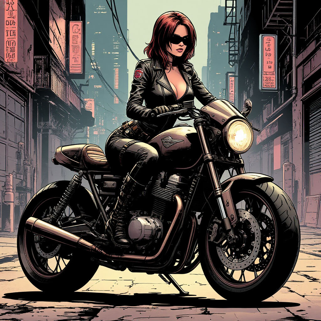 Промпт девушка на мотоцикле в стиле киберпанк - Пример 2