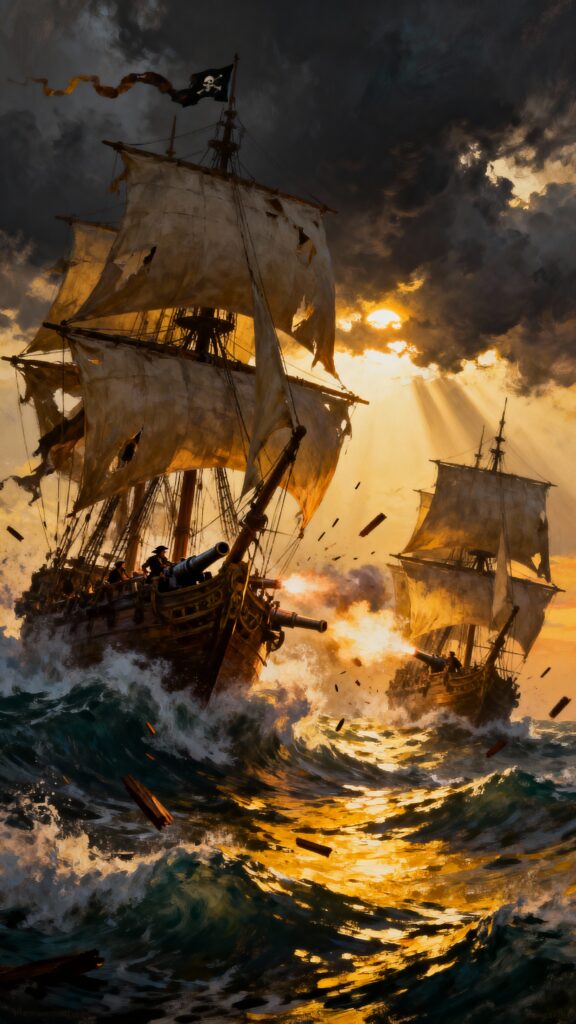 Dawn Pirate Ship Battle on Stormy Ocean - Пример 1