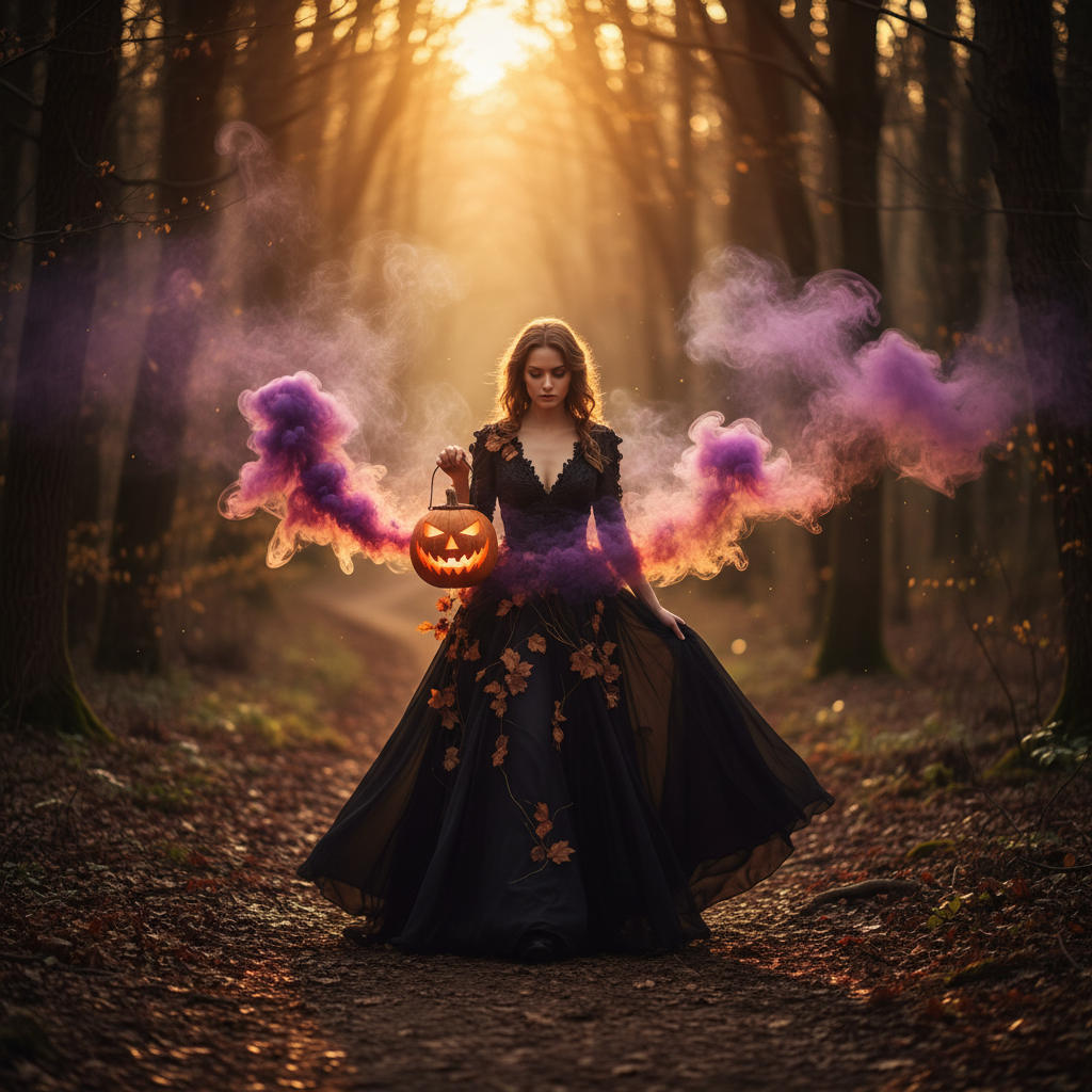 Промпт для аватара на хэллоуин с элегантной ведьмой и дымящейся тыквой - Пример 1