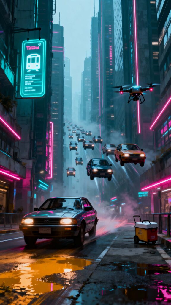 Floating Cars in Neon Cityscape - Пример 1
