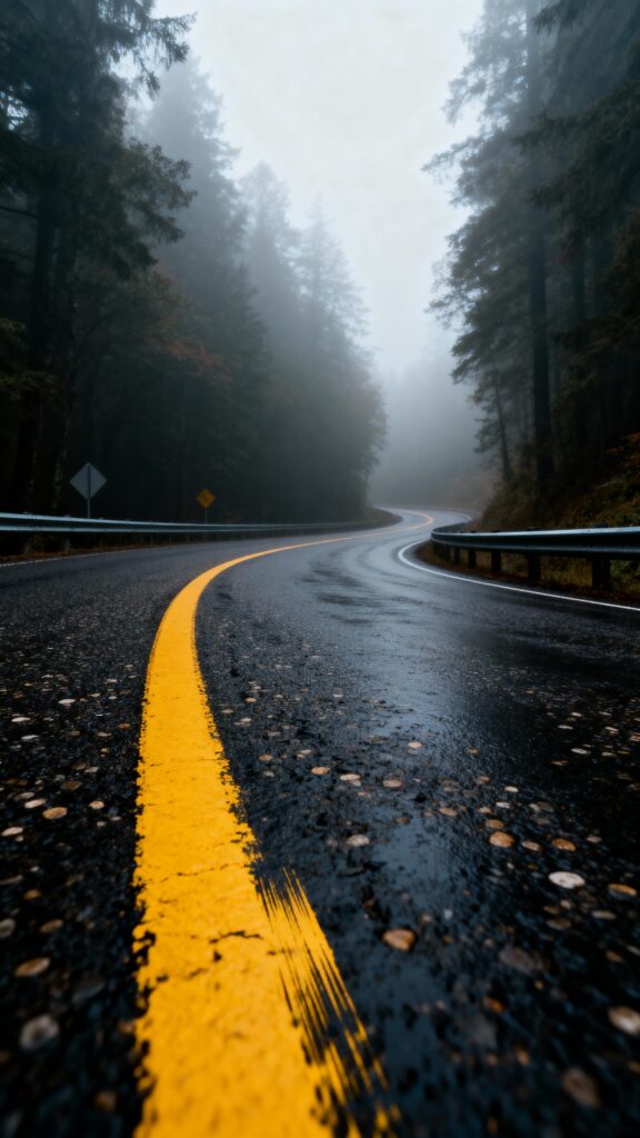 Foggy forest switchback road photograph - Пример 1