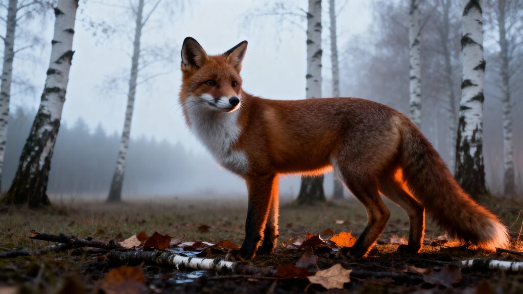 Fox at misty birch forest glade - Пример 1