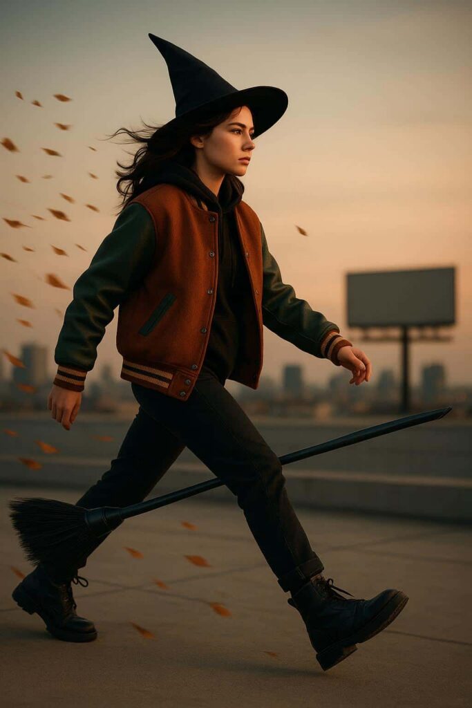 Gen-Z Witch Crossing Urban Rooftop at Dusk - Пример 1