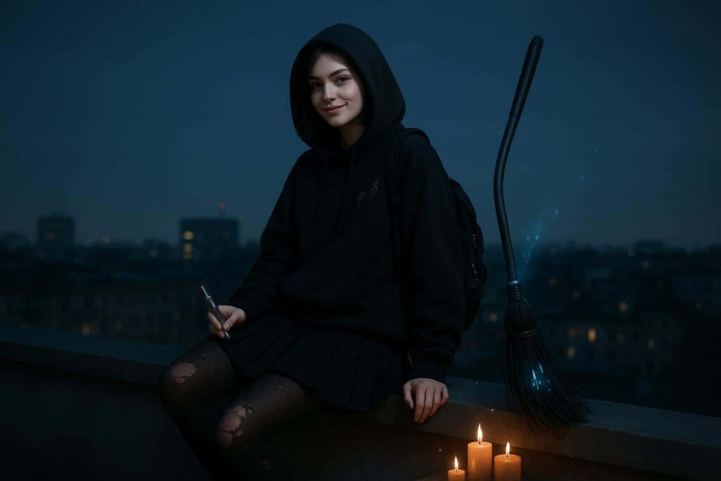Gen-Z witch on rooftop at night - Пример 1
