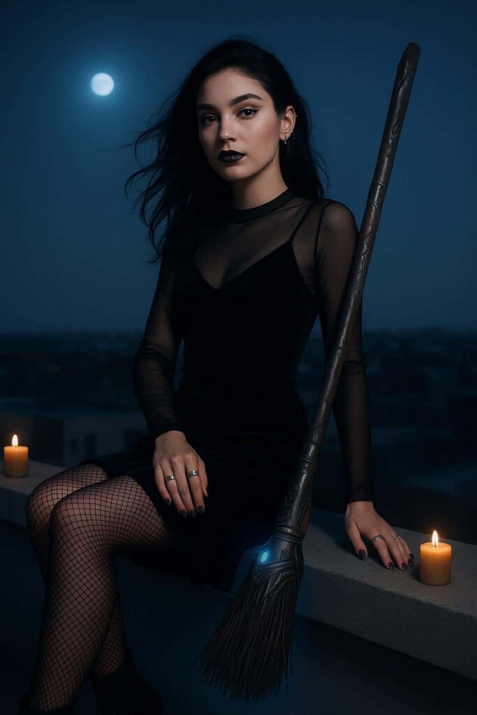 Gen-Z witch on rooftop ledge - Пример 1