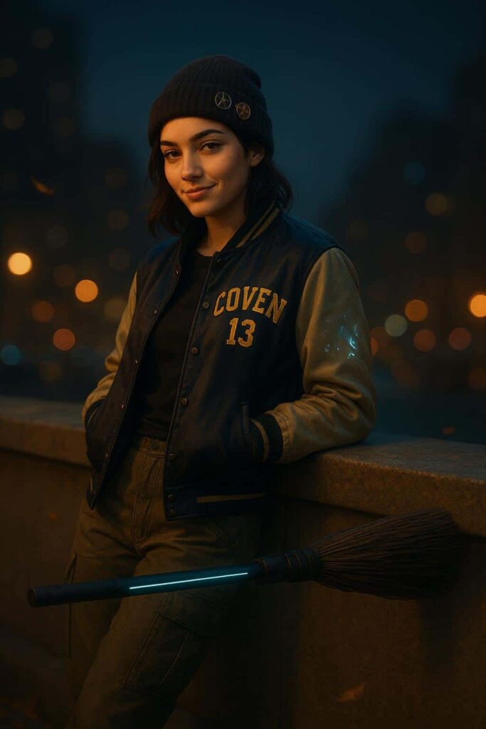 Gen-Z Witch on Rooftop Parapet - Пример 1