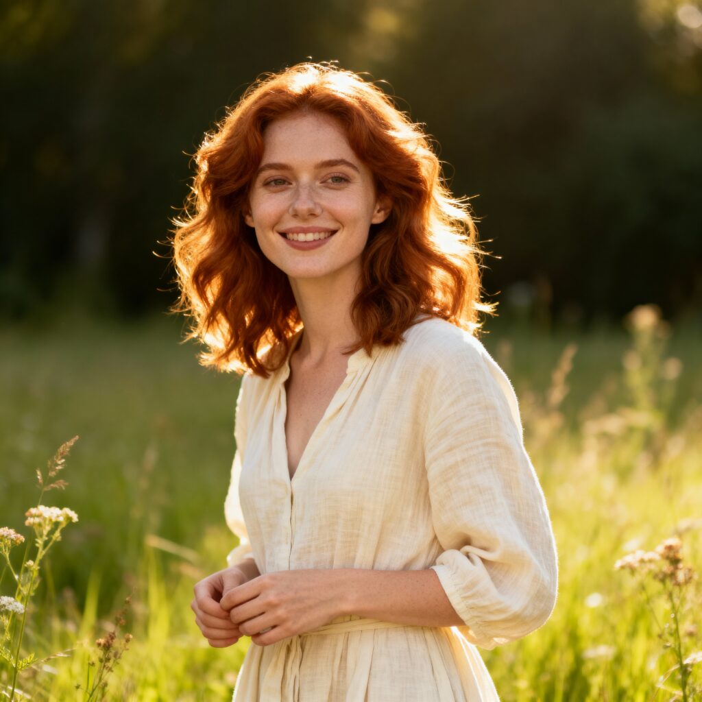 Ginger-haired woman in sunlit coastal meadow - Пример 1
