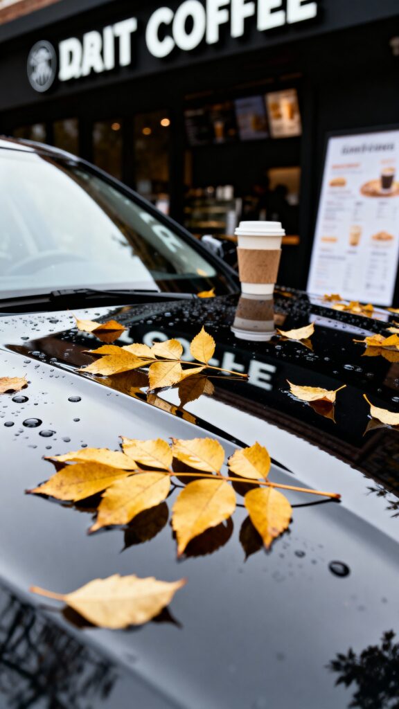 Glossy Car Hood with Golden Leaves - Пример 1