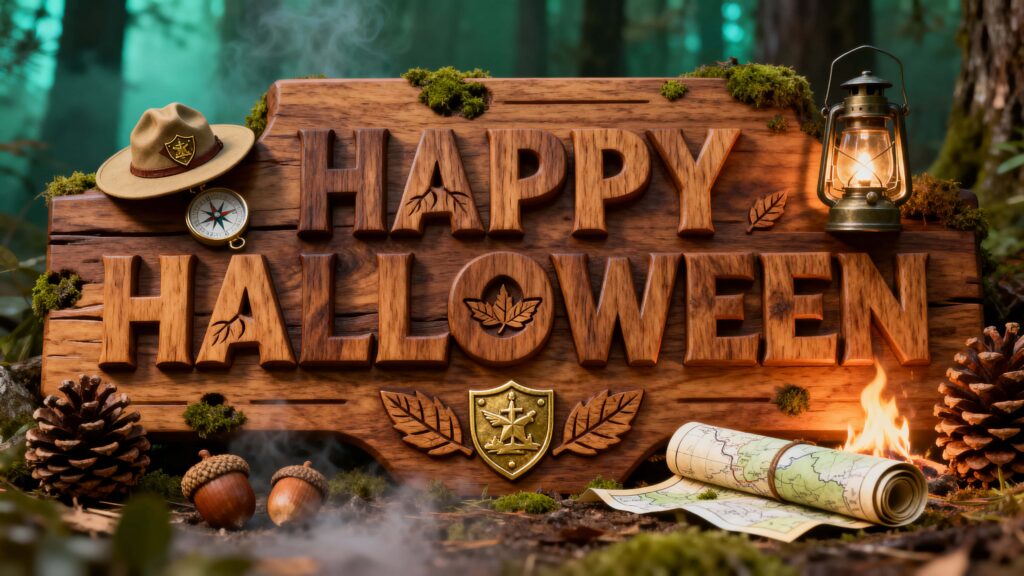 Happy Halloween walnut carved tabletop scene - Пример 1