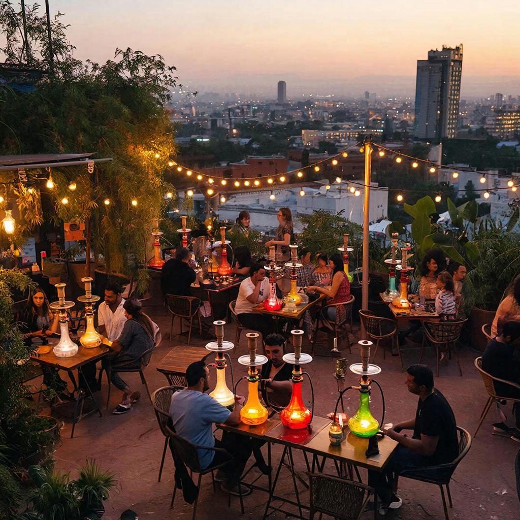 Промпт яркой и оживленной открытой террасы кальяного бара на закате. - Пример 1