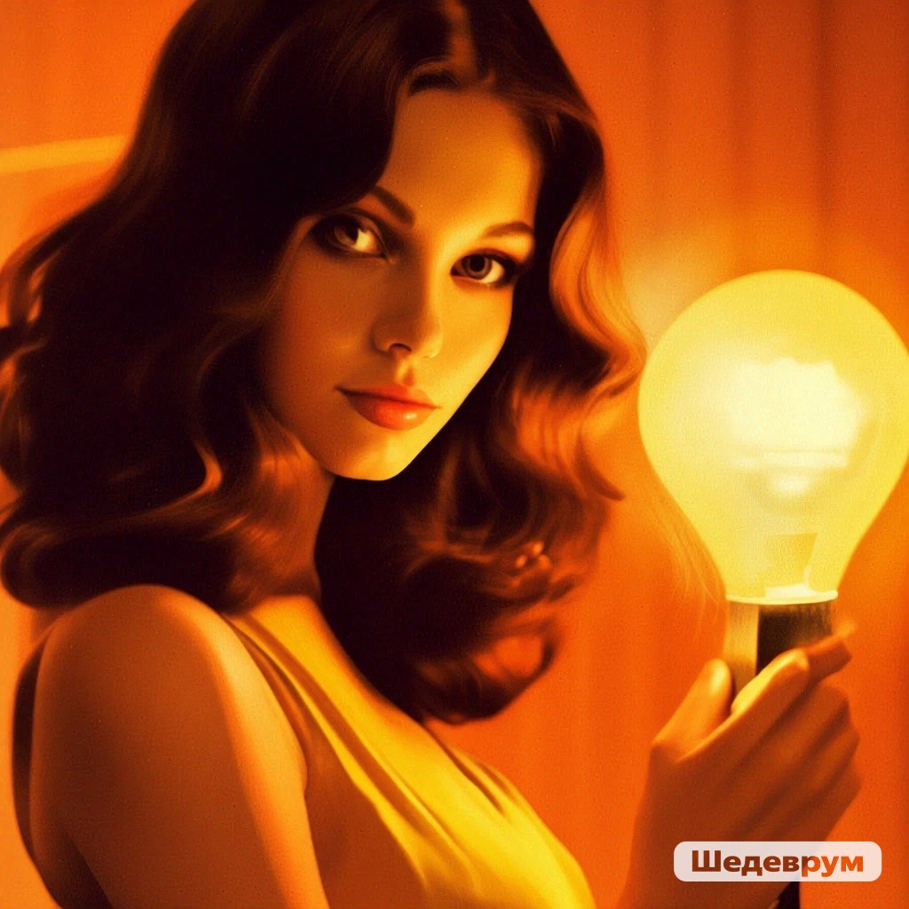 Промпт девушка, держащая в руке огромную лампу накаливания - Пример 1