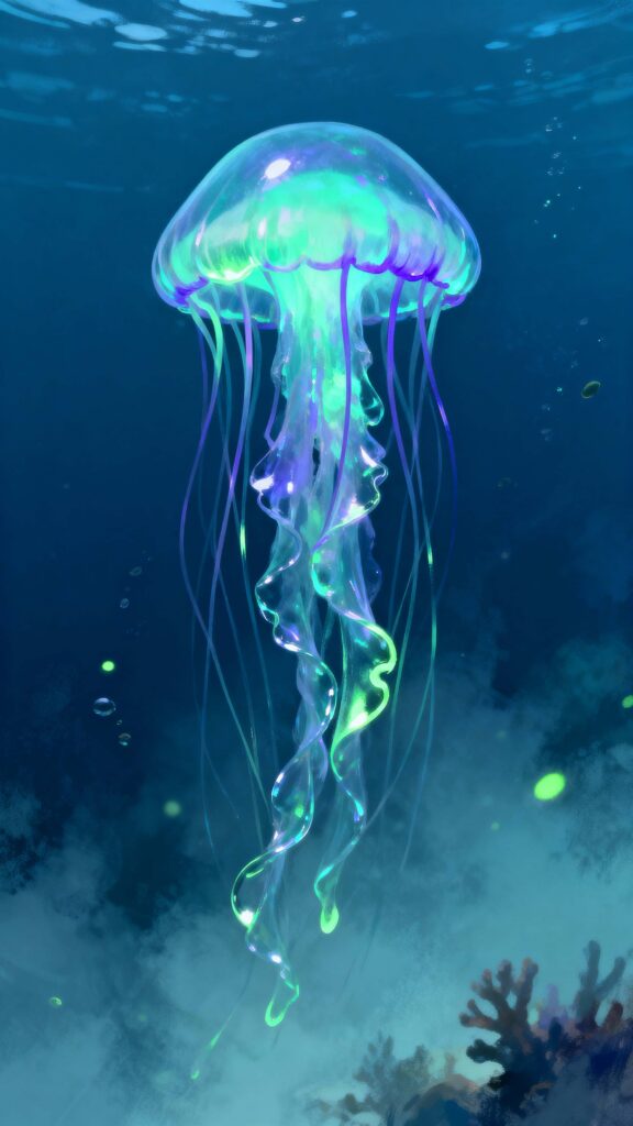 Jellyfish glowing in dark sea vertical - Пример 1