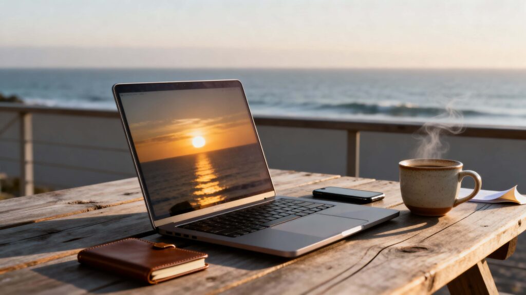 laptop and coffee by ocean sunrise - Пример 1
