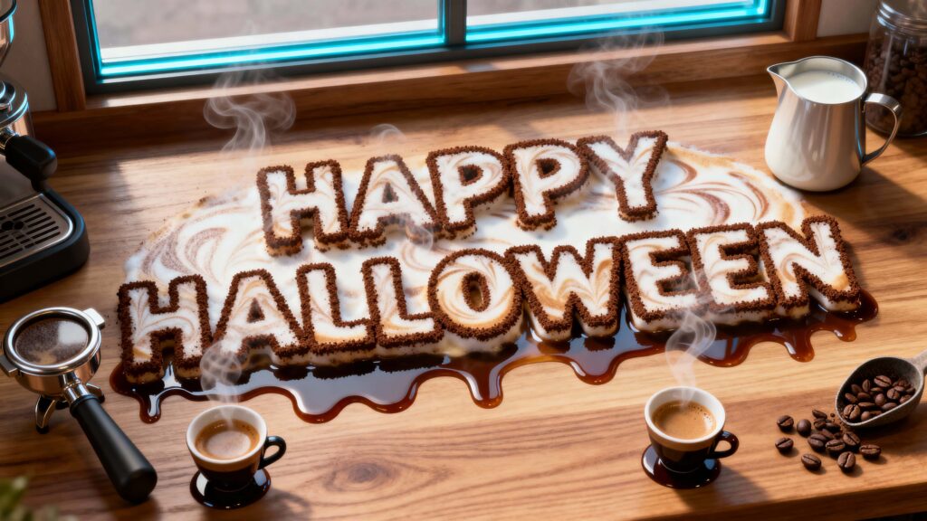 Latte-foam Halloween message on wood counter - Пример 1