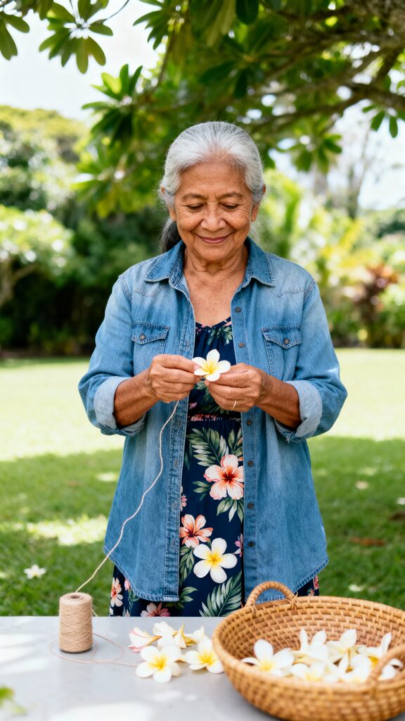 Leilani stringing plumeria on lawn - Пример 1