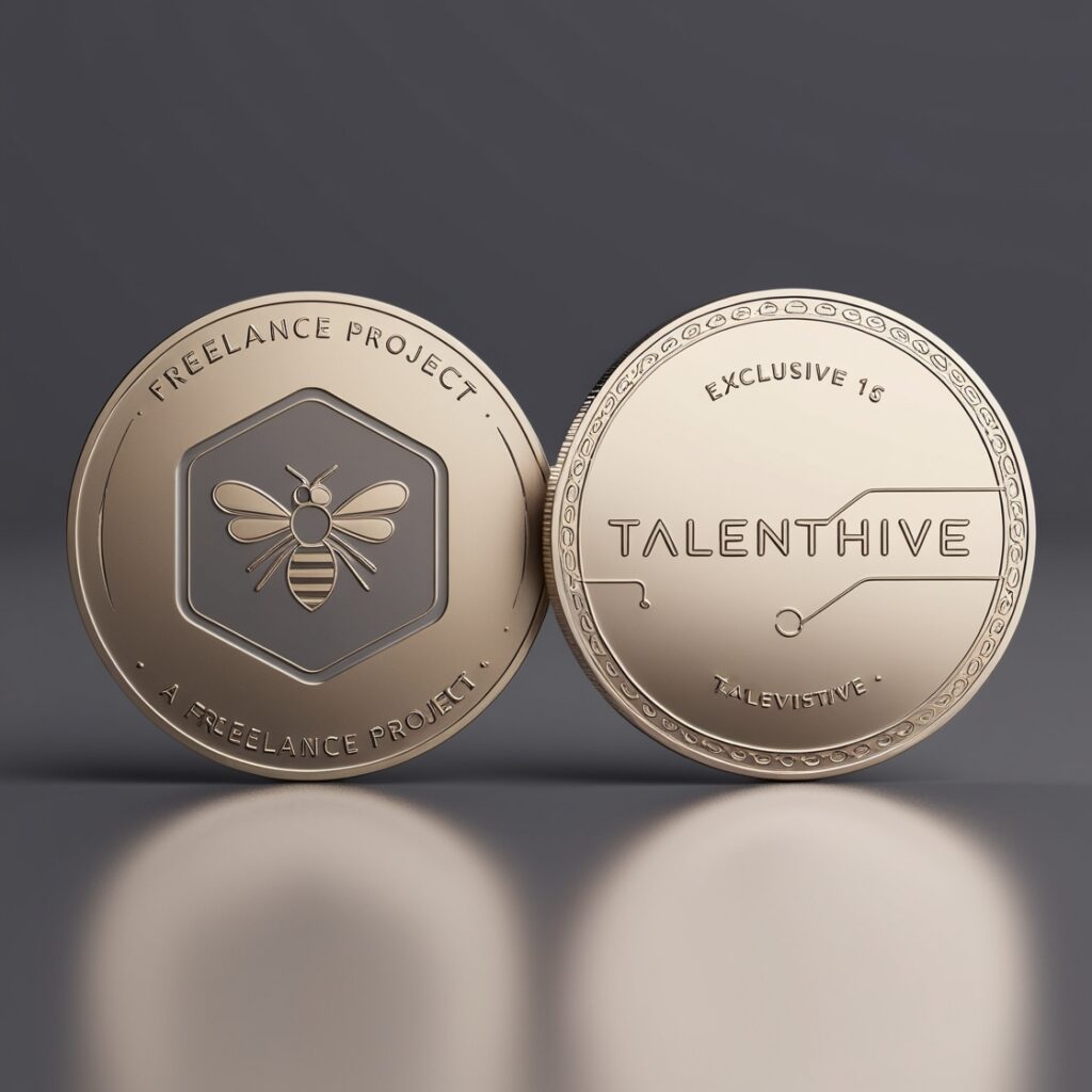Промпт 3D-модель уникальной, стильной монеты для фриланс-проекта под названием ‘TalentHive’ - Пример 1