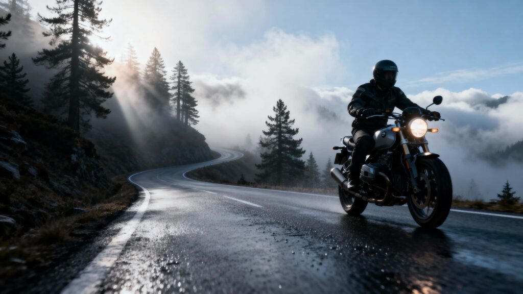 Motorcyclist Riding Foggy Mountain Road - Пример 1