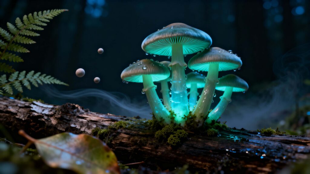 Mushroom bouquet glowing on log - Пример 1