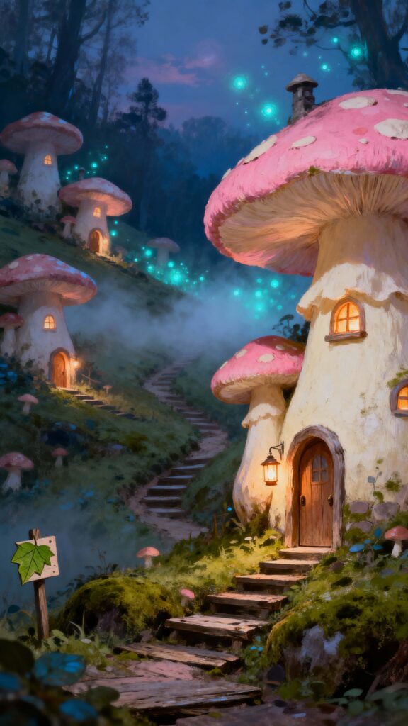 Mushroom Village Softly Lit Vertical Scene - Пример 1