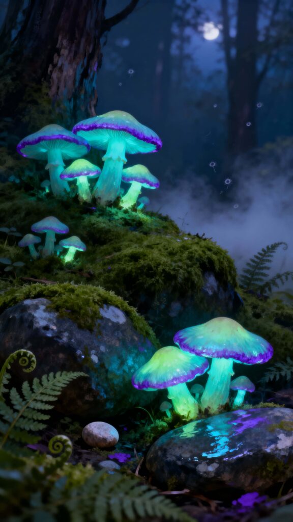 Mushrooms Glowing Under Moonlit Forest - Пример 1