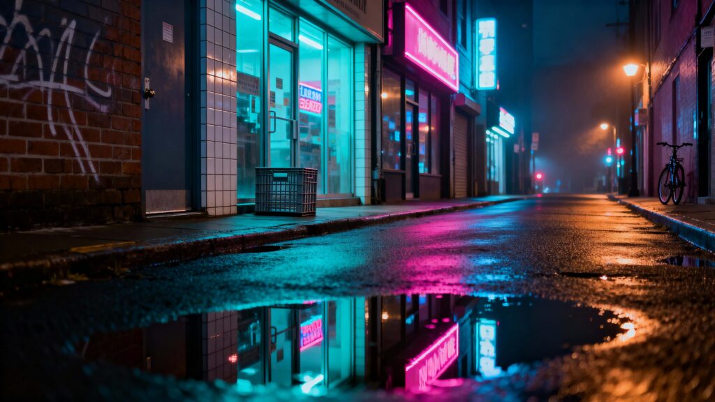 Neon Alleyway Reflections After Rain Night - Пример 1