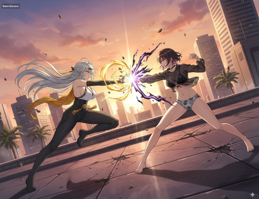 Боевая сцена двух персонажей: динамичный концепт-арт по заданной позе - Пример 2