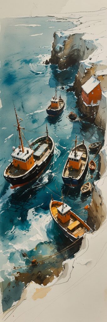 Промпт штормовая зимняя гавань Гдыни глазами Шиле - Пример 1