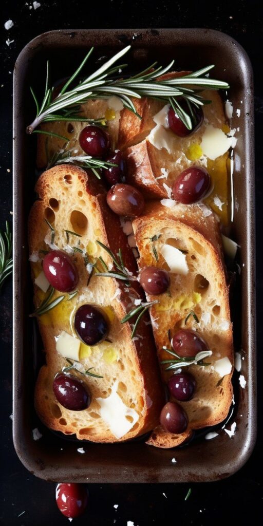 Промпт сковорода с ломтиками хлеба с оливками - Пример 1