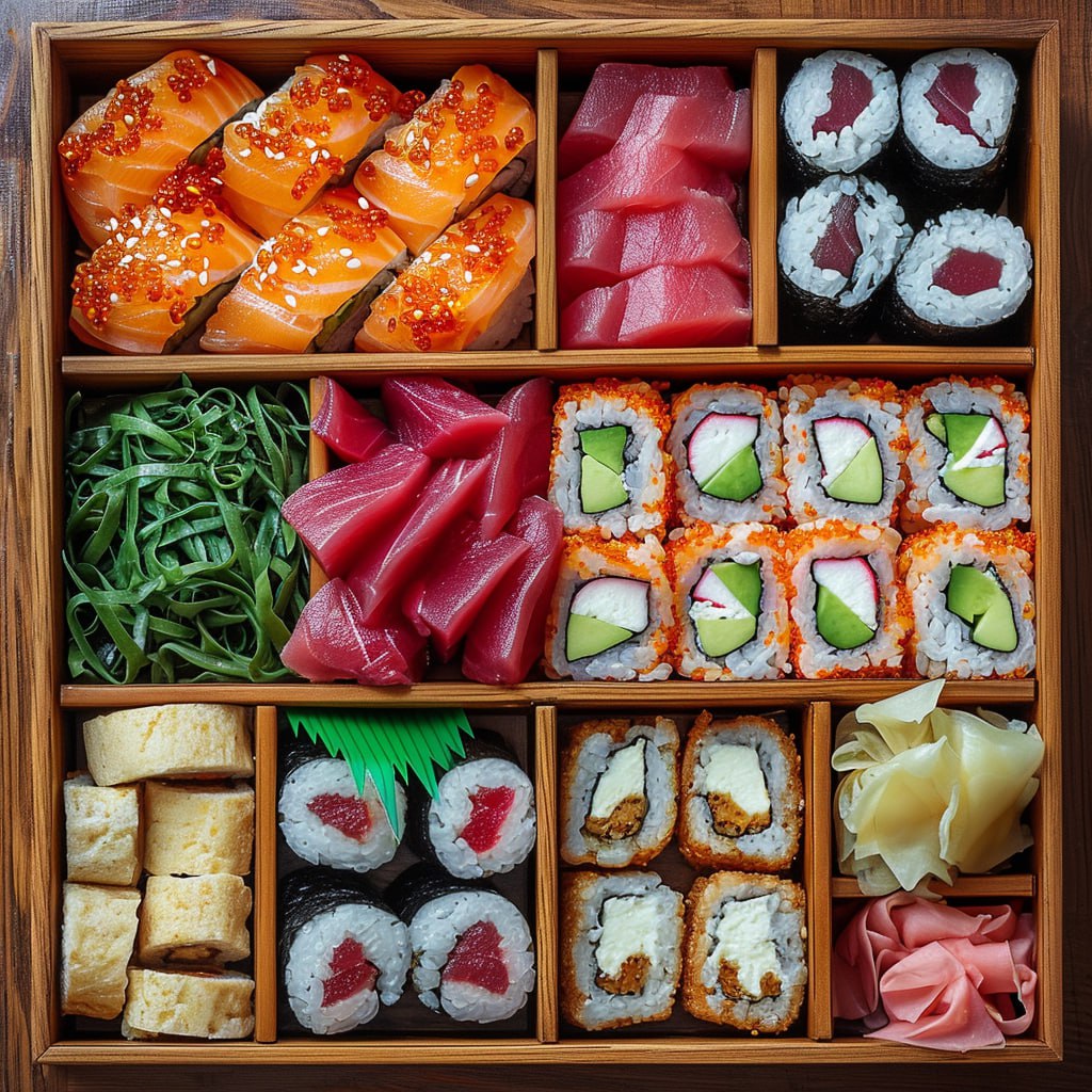 Промпт суши в деревянной коробке - Пример 1