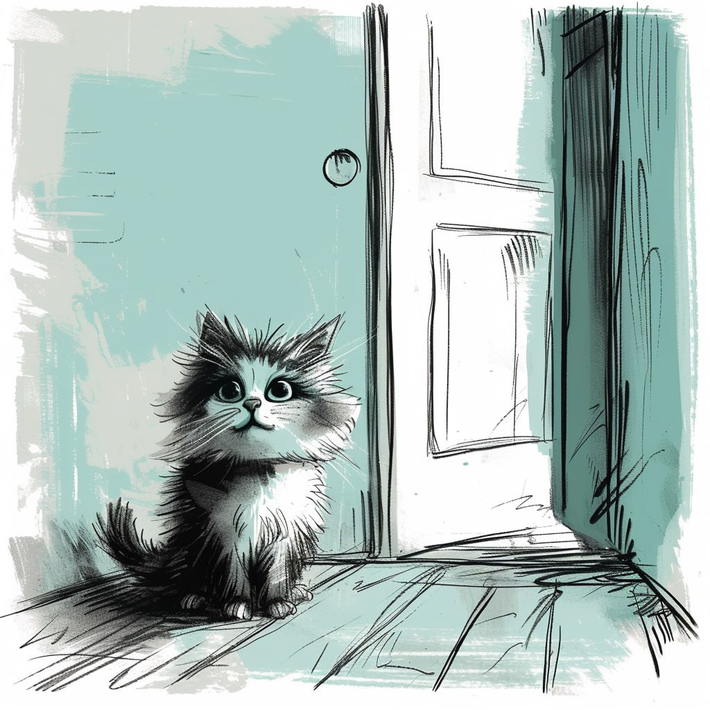 Промпт маленький пушистый счастливый кот первым входит в новую квартиру - Пример 2