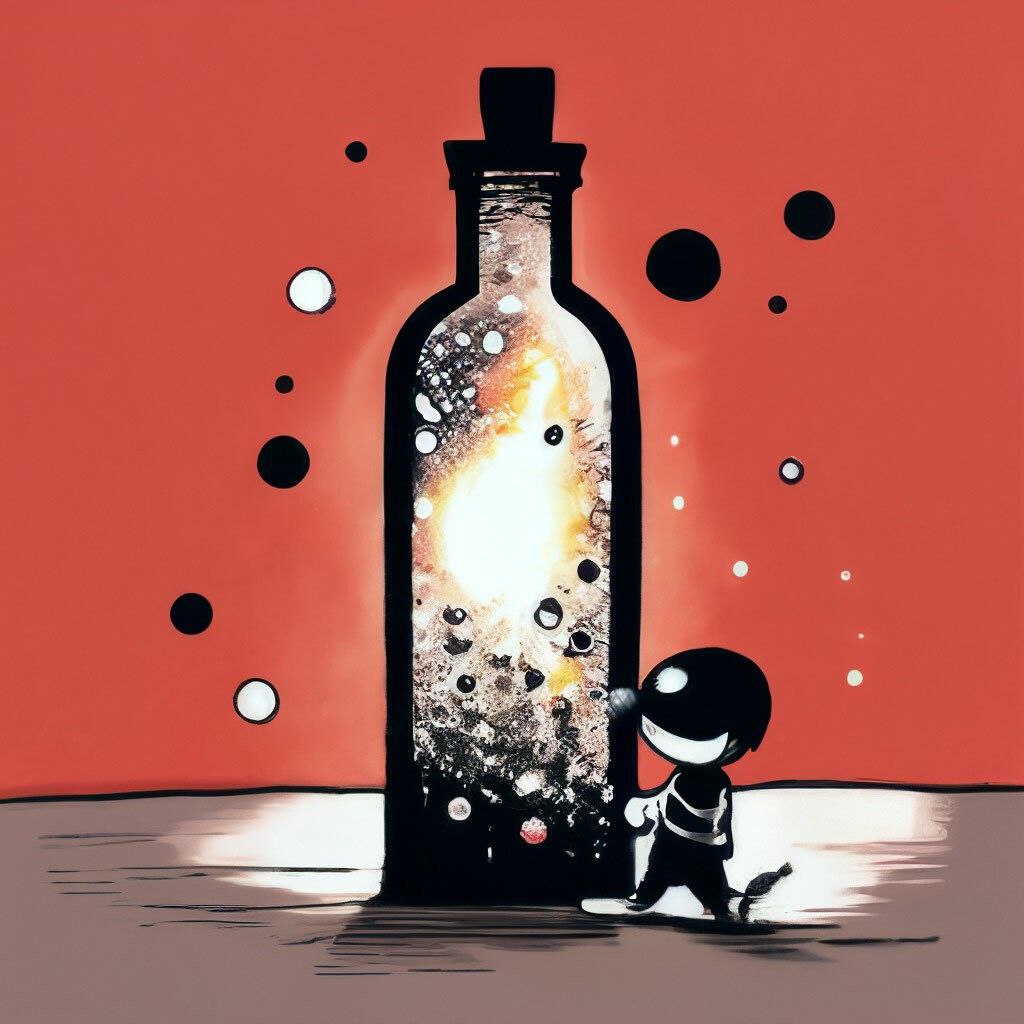 Промпт смешное существо тащит на себе огромную бутылку - Пример 4