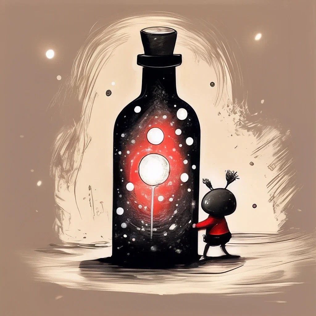Промпт смешное существо тащит на себе огромную бутылку - Пример 1
