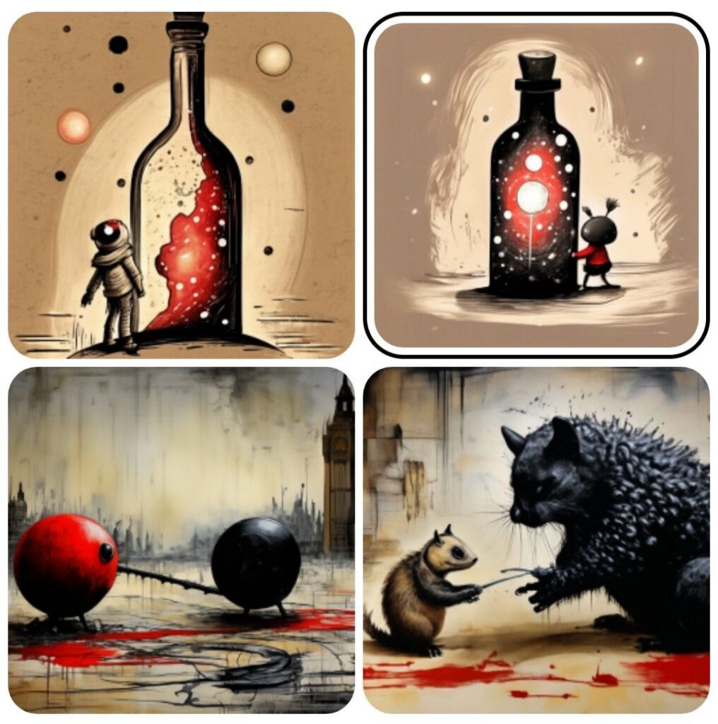 Промпт смешное существо тащит на себе огромную бутылку - Пример 3