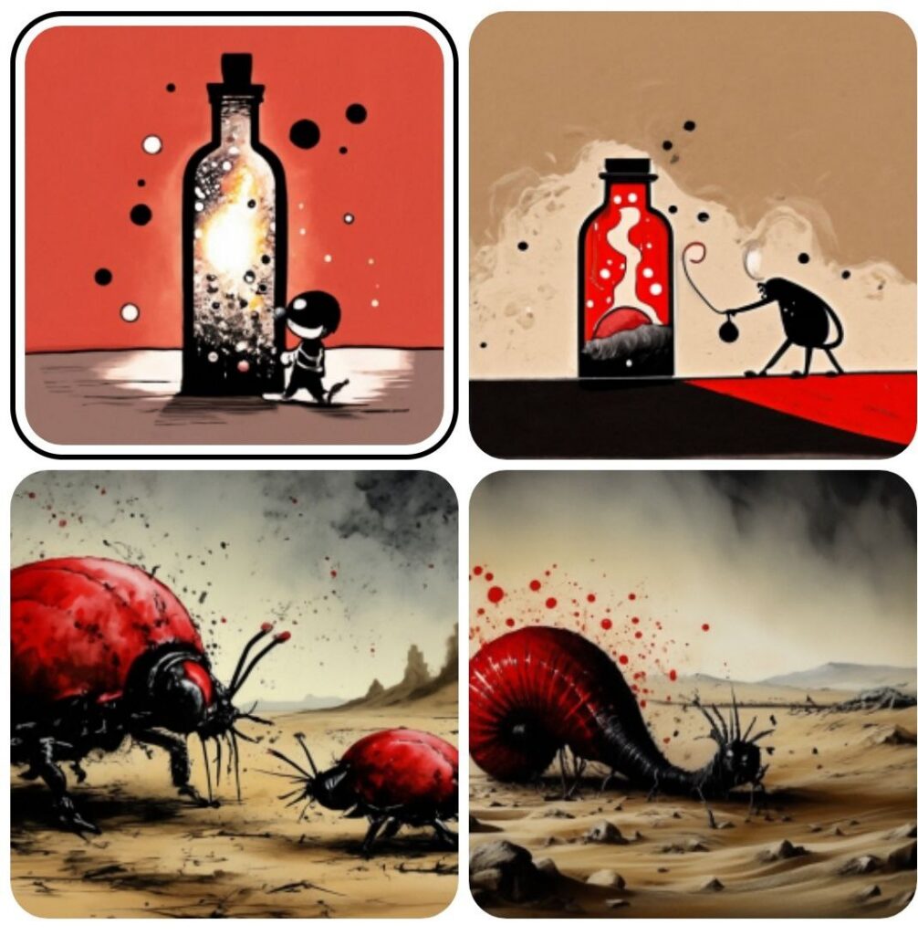 Промпт смешное существо тащит на себе огромную бутылку - Пример 2