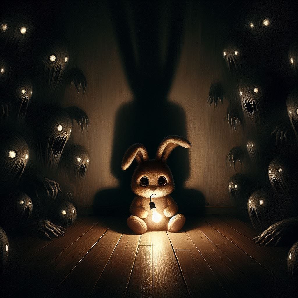 Промпт зайчика и лампочка в стиле хоррор с черными тенями - Пример 6