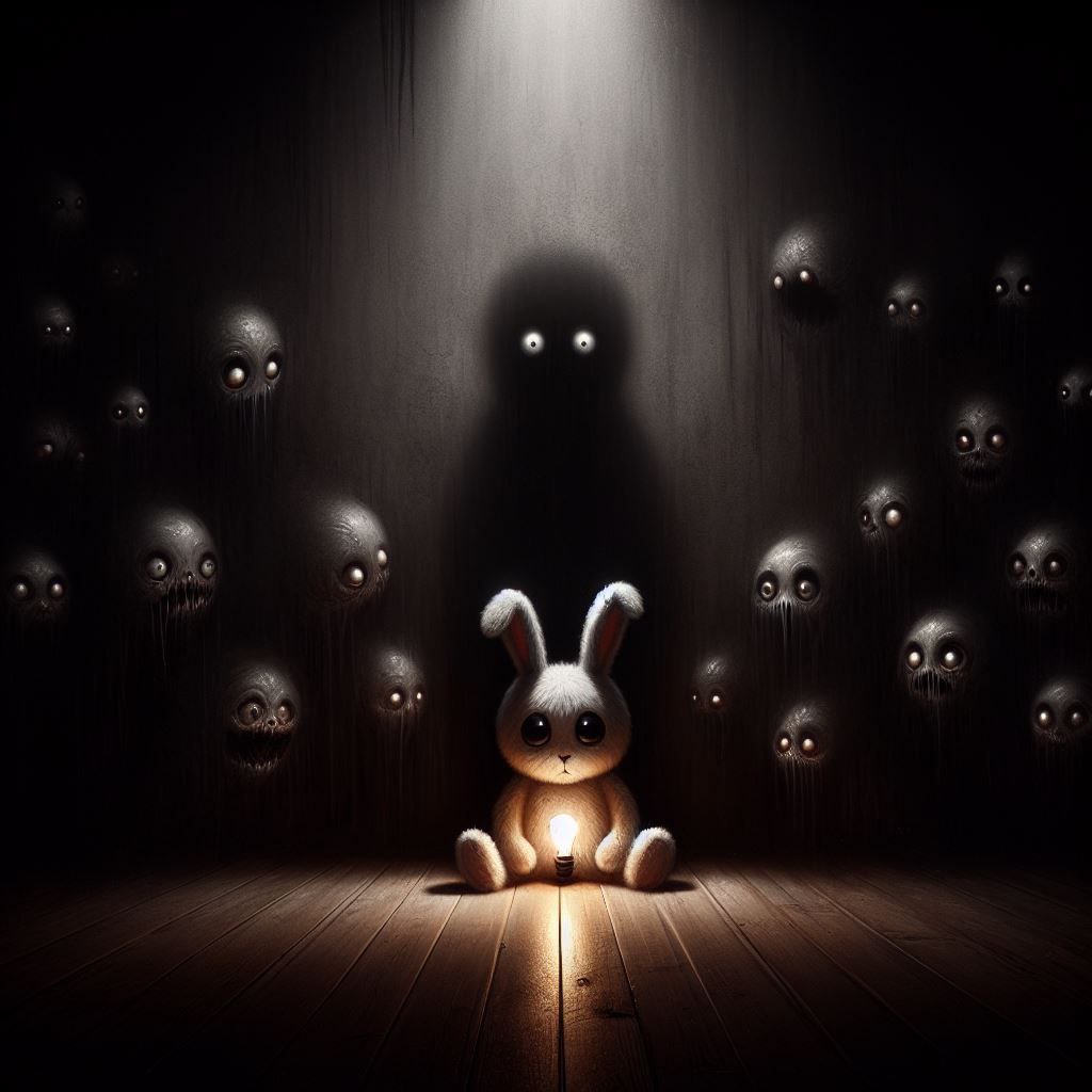 Промпт зайчика и лампочка в стиле хоррор с черными тенями - Пример 1