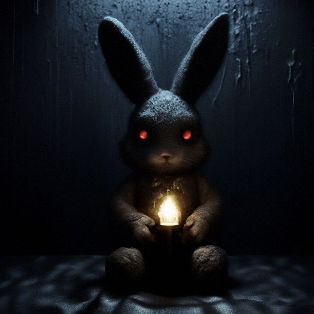 Промпт зайчика и лампочка в стиле хоррор с черными тенями - Пример 4