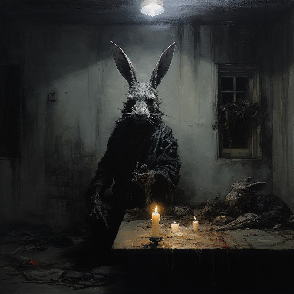 Промпт зайчика и лампочка в стиле хоррор с черными тенями - Пример 3