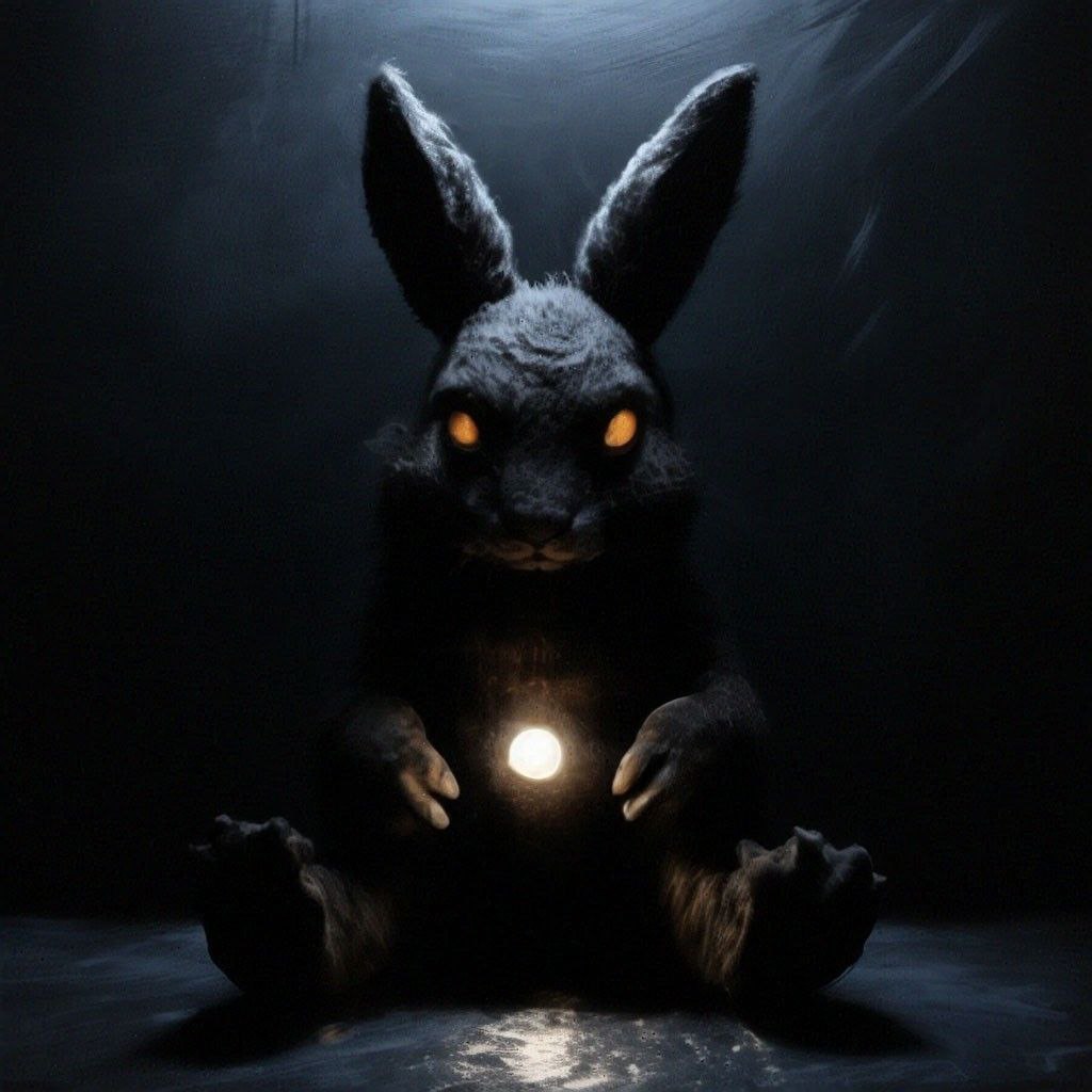 Промпт зайчика и лампочка в стиле хоррор с черными тенями - Пример 5