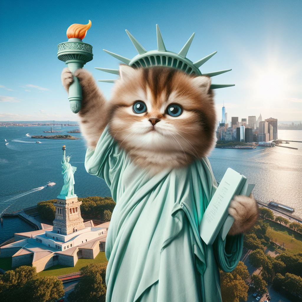 Промпт милый котенок, стилизованный под статую Свободы - Пример 1