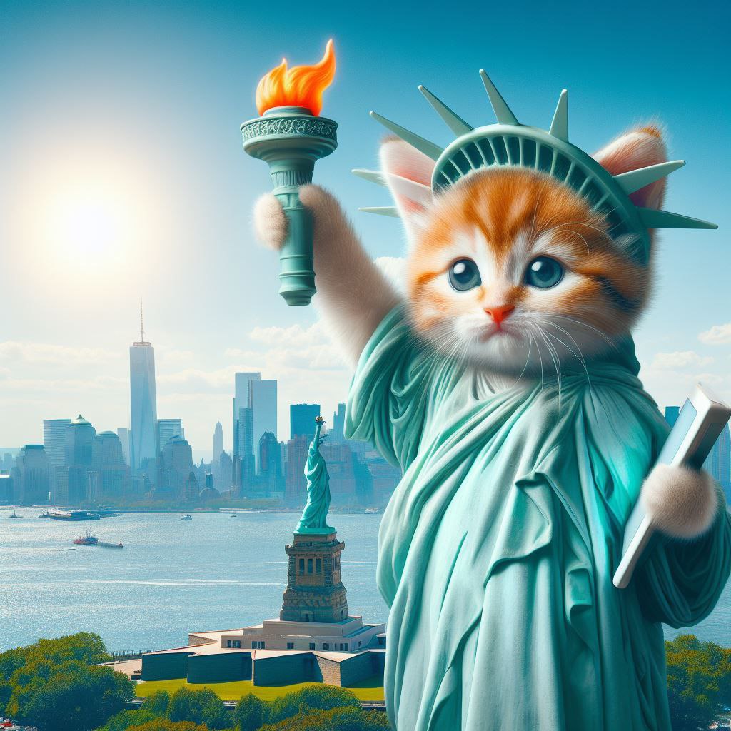 Промпт милый котенок, стилизованный под статую Свободы - Пример 3
