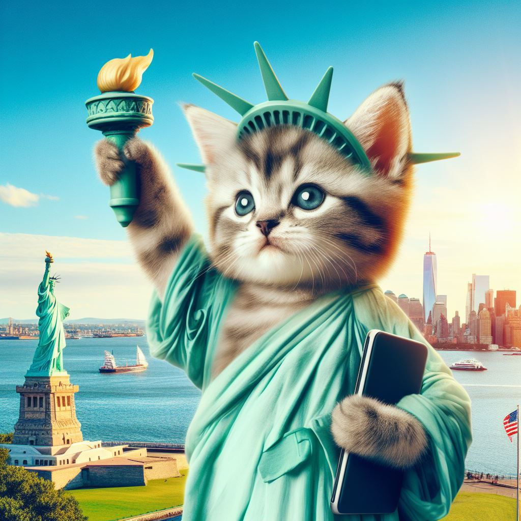 Промпт милый котенок, стилизованный под статую Свободы - Пример 4